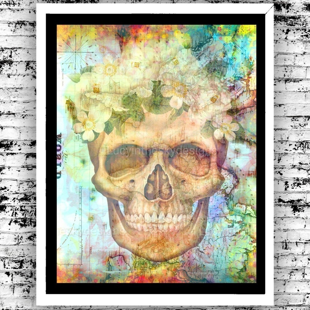 Skull Wild Rose Watercolor Map Colorful Art Print